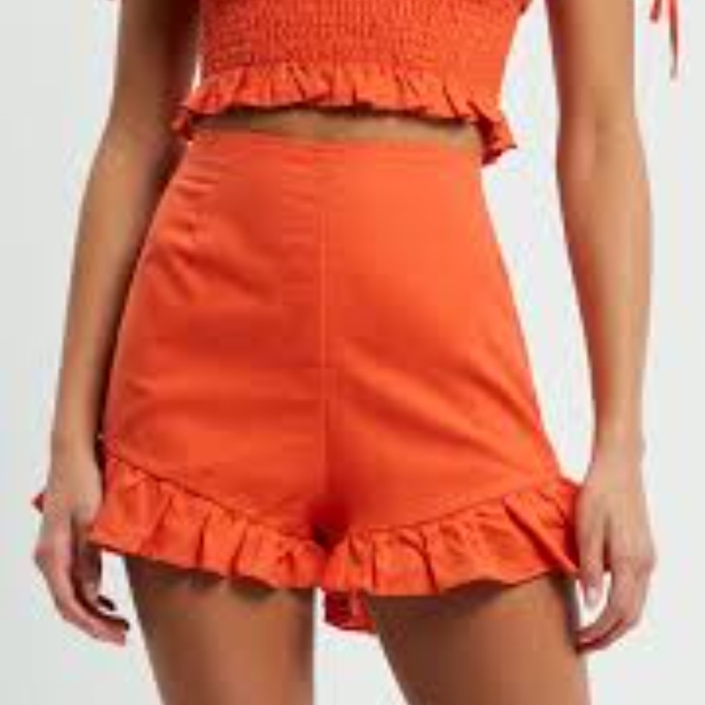 Lost + Wander Orange Ruffle Hem High-Waist Shorts